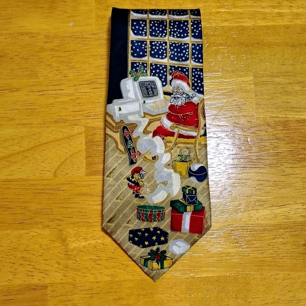 Vintage 90s Silk Santa Computer Tech Christmas Tie Meeting Street Dadcore Geeky